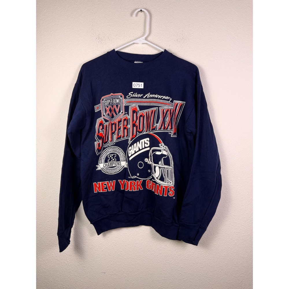 Vintage Logo 7 New York Giants Super Bowl XXV Sweatshirt Navy Blue Mens L USA